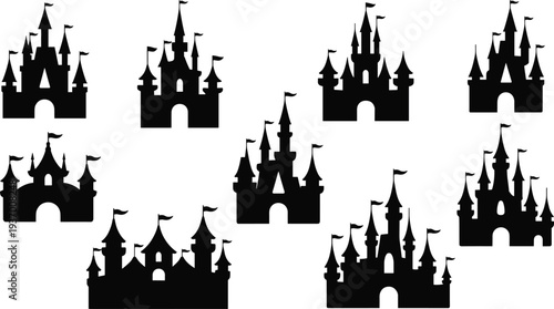 Fairy tale castle silhouettes collection magical fantasy palaces medieval towers princess storybook vector illustration set