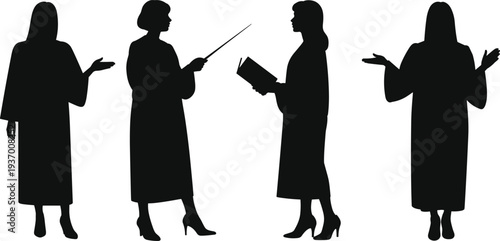 Female teacher silhouette set classroom education instructor teaching presentation vector illustration isolated white background collection