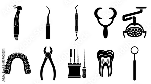 Professional Dental Care Instruments and Stomatology Equipment Icons Set Featuring Drill Scaler Forceps Dental Mirror Tooth Model and Medical Lighting