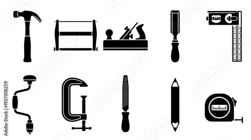 Traditional Woodworking Hand Tools and Carpentry Equipment Icons Set Featuring Hammer Saw Plane Chisel Square Drill Clamp Rasp Pencil and Tape Measure