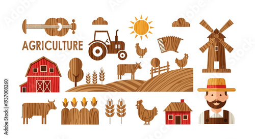 Rustic Wood Agriculture Icon Set. Farming Elements Collection including Barn, Tractor, Farmer, Cow, Crops, and Mill in Flat Wooden Style.