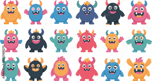 Cute colorful cartoon monster characters collection, funny friendly creatures, kids mascot set, flat vector illustration isolated on light background adorable