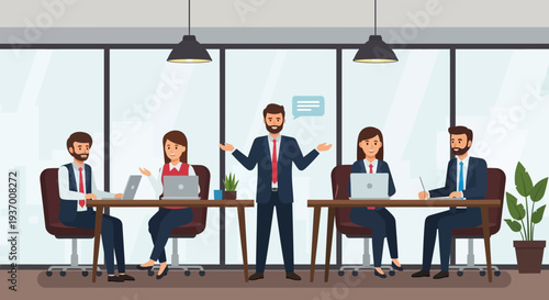 Businessman presenting to colleagues in modern office.