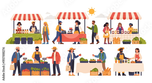 Farmers Market Shopping Scene Vector. Diverse People Buying Fresh Local Produce, Organic Food, and Homemade Goods at Outdoor Stalls.