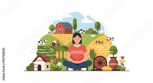 Peaceful Woman Meditating in Rural Farm Landscape. Flat Vector Illustration of Sustainable Living, Agriculture, and Mindfulness Concept.