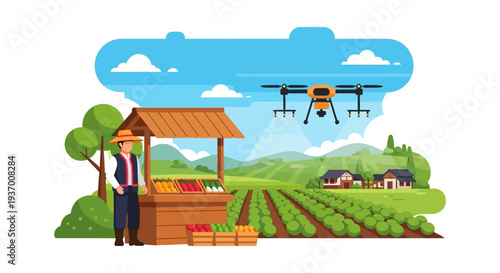 Smart Farming and Agriculture Technology: Drone Monitoring Crops near Farmer's Market Stand