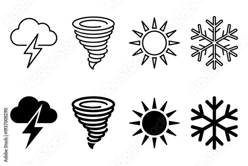 Meteorology Weather Conditions and Climate Change Icons Set Featuring Thunderstorm Cloud Tornado Twister Bright Sun and Snowflake Symbols for Forecast