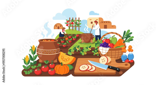 Traditional Harvest and Cooking Illustration. Farmers Preparing Fresh Organic Produce in a Rustic Farm Garden.