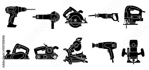 Professional electric power tools silhouettes set featuring drill, grinder, circular saw, reciprocating saw, jigsaw, planer, sander and miter saw icons.
