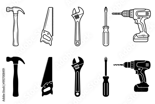 Essential hand tools and hardware icons set including hammer, saw, wrench, screwdriver and cordless drill in both line art and solid silhouette styles.