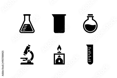 Laboratory glassware and science equipment icons in solid black style featuring flask, beaker, bottle, microscope, burner and graduated cylinder symbols.