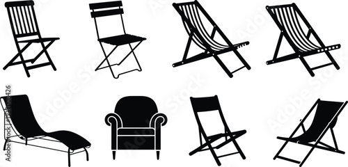 Folding and lounge chair silhouettes set, armchair and deck seating furniture illustration collection isolated bundle