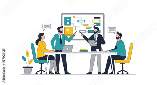 Business Team Discussing Project on Whiteboard.