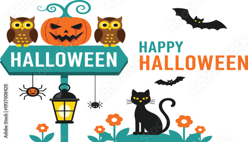 Happy Halloween celebration set with spooky pumpkin lantern black cat owls bats spiders and signpost isolated on white background for holiday party decor vector