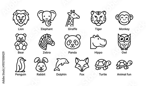 Animal icons: lion, elephant, giraffe, tiger, monkey, panda, more