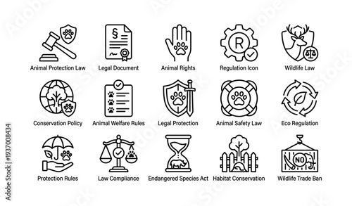 Animal and wildlife legal icons for protection, conservation, and regulation