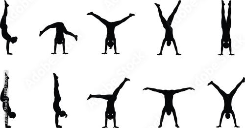 Gymnast handstand silhouette collection acrobat balance fitness exercise vector illustration isolated white background set