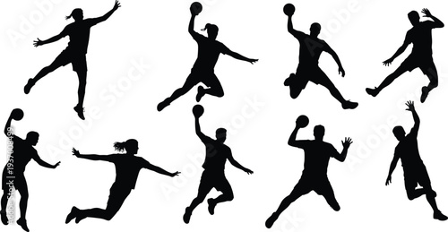 Handball player silhouettes jumping throwing ball dynamic sport action poses vector isolated collection set pack