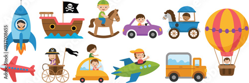 Cute kids transportation vehicles collection, cartoon rocket, pirate ship, car, airplane, truck, horse carriage and hot air balloon