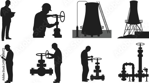 Industrial plant worker silhouettes set, engineer operating valves pipeline equipment cooling tower maintenance illustration collection bundle