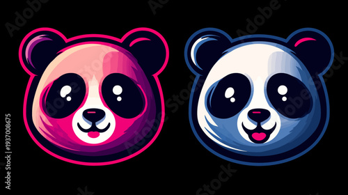 Colorful illustrated heads of smiling pandas with large eyes. One pink, other blue. Black background