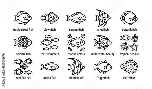 Tropical reef fish icon set featuring clownfish angelfish butterflyfish pufferfish