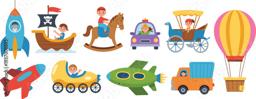Cute kids transportation vehicles collection, cartoon rocket, pirate ship, horse toy, car, airplane, truck and hot air balloon