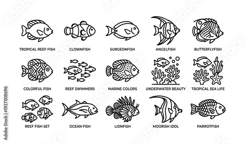 Ocean icon set featuring reef fish, marine coral, and tropical sea life