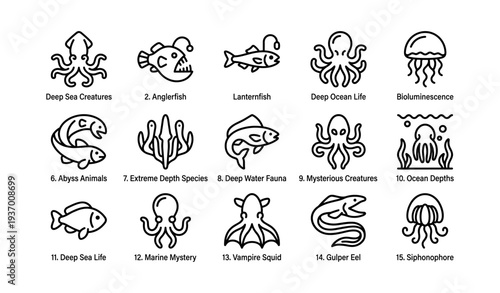 Deep sea creatures icons featuring anglerfish and octopus