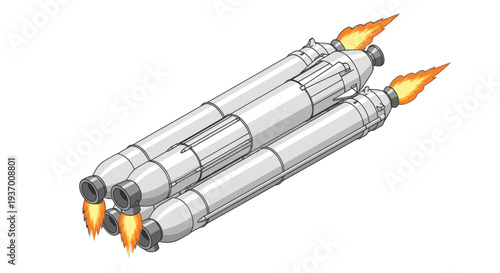 Quad rocket booster launch, space exploration, powerful engine ignition, futuristic propulsion system