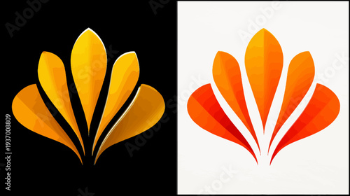 Dual-pane image features an abstract design of layered, curved petals in warm hues