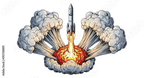 Rocket Launching with Fiery Exhaust and Smoke Clouds