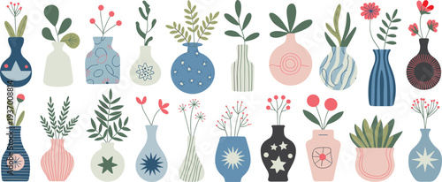 Minimalist decorative vases with botanical plants collection, modern flat vector illustration of flowers and leaves in stylish ceramic pots