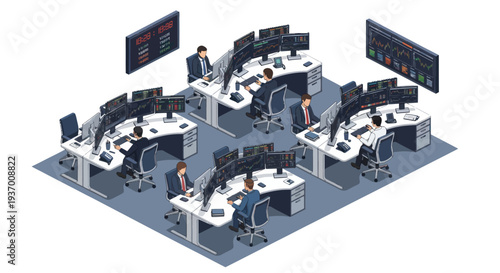 Trading Room with Multiple Traders and Computer Monitors