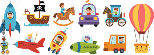 Cute kids transportation vehicles set, cartoon rocket, pirate ship, airplane, car, carriage, truck and hot air balloon illustration