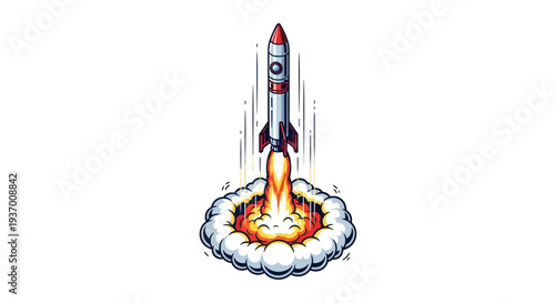 Pixel Art Rocket Launching with Fiery Exhaust and Smoke Cloud