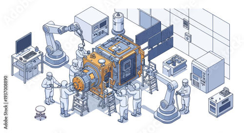 Industrial robot arm assembling complex machinery with engineers in cleanroom