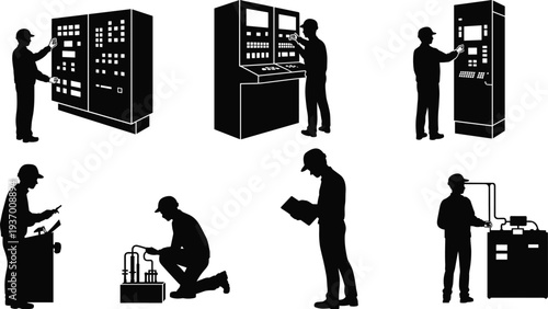 Industrial workers operating control panels, machinery maintenance technicians silhouettes, factory automation engineering process illustration vector