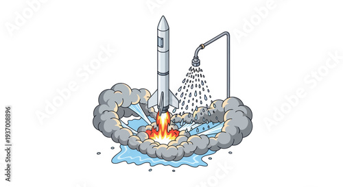Rocket Launch with Shower Head Spraying Water, Concept of Launch Preparation