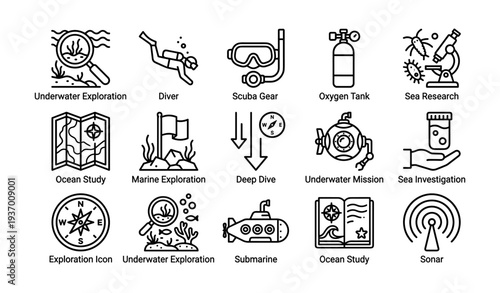Icons of underwater exploration and marine research equipment