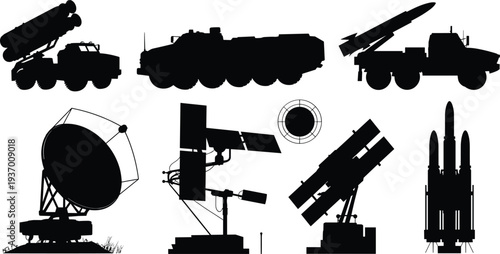 Military missile launcher vehicles and radar defense systems silhouettes vector isolated illustration collection set