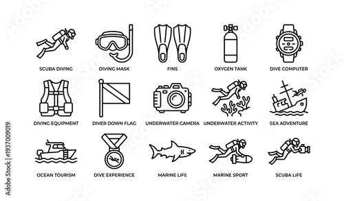 Scuba diving icons including mask, fins, oxygen tank, dive computer