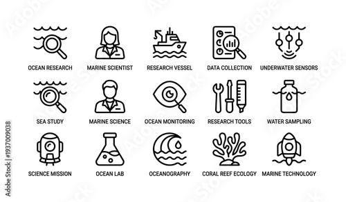 Ocean research icons: marine science, vessel, data collection, sensors