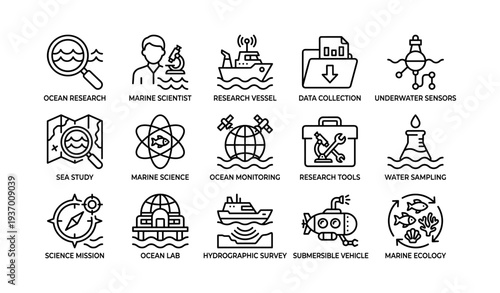 Icons depicting ocean research and marine science tools and activities