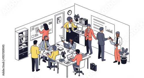 Office Workers Collaborating at Desks and Standing.