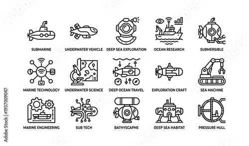 Submarine and ocean exploration icons set for deep sea technology and research