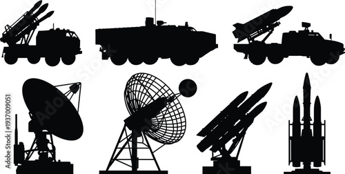 Military missile launcher vehicles radar stations and defense equipment silhouettes isolated vector illustration set