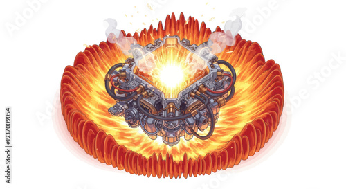 Futuristic Fusion Reactor Core Emitting Bright Light and Steam on White Background