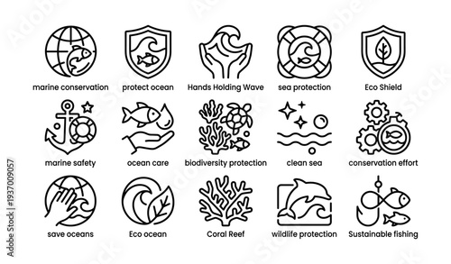 Eco symbols of marine conservation and ocean protection