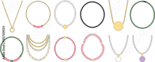 Minimalist jewelry collection illustration, modern necklaces, beaded bracelets, gold chains, gemstone accessories, fashion jewelry set, elegant design, neutral background